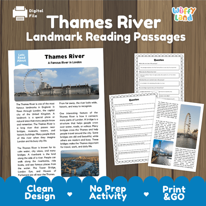 Thames River landmark reading passages educational study unit featuring nonfiction reading worksheets and authentic London cityscape river photography