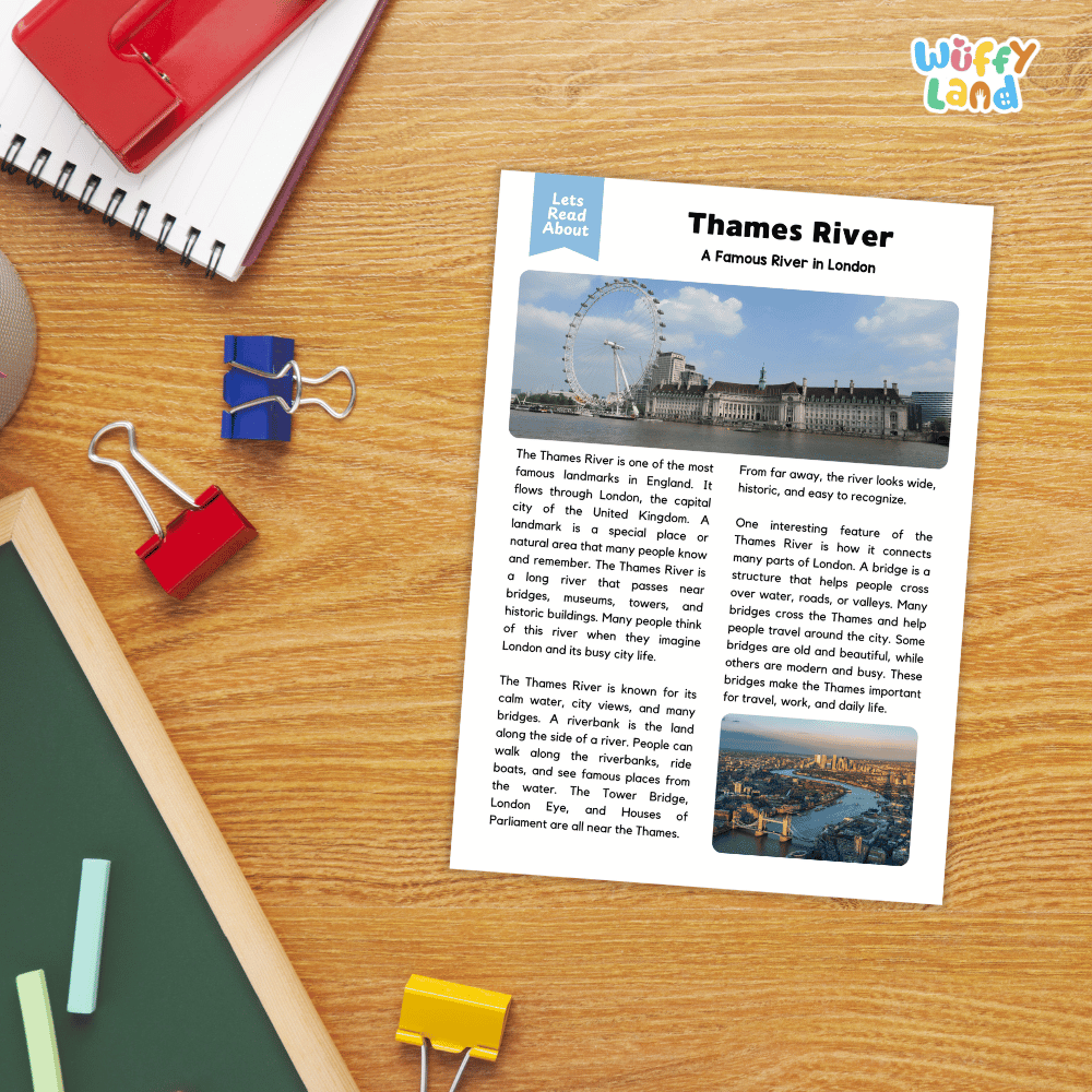 Lined reading comprehension question worksheet covering main ideas vocabulary terms and landmark facts about the Thames River