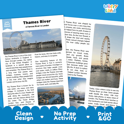 Reference sheet and answer key for Thames River landmark reading passage displaying completed comprehension answers and London geography facts