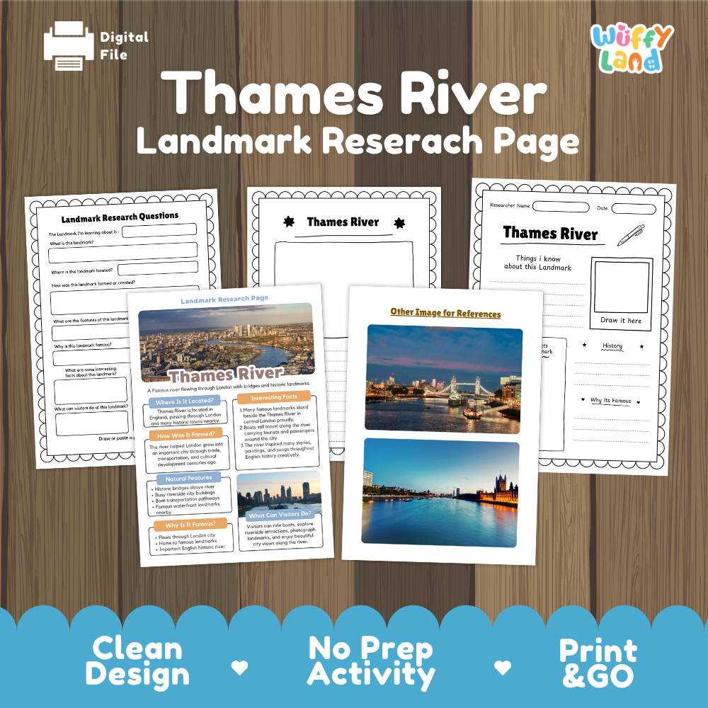 Digital download activity sheet set titled 'Thames River Landmark Research Page' on a wood-texture background, showing several printable worksheet pages with photos of London landmarks and a 'Wiffy Land' logo in the top right.