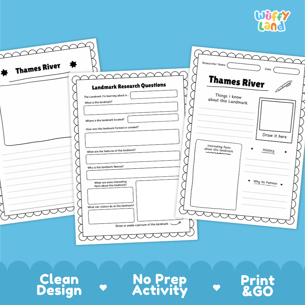 Three printable worksheet pages for Thames River landmarker research are shown on a bright blue background. The pages have white backgrounds with black text and decorative scalloped borders, including sections for questions, writing, and a drawing box.