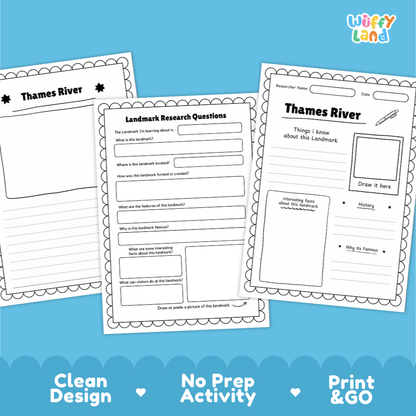 Three printable worksheet pages for Thames River landmarker research are shown on a bright blue background. The pages have white backgrounds with black text and decorative scalloped borders, including sections for questions, writing, and a drawing box.