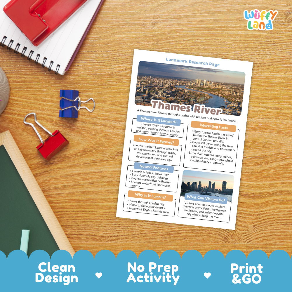 A printed Thames River landmark research page activity sheet lies on a wooden desk, surrounded by school supplies including a spiral notebook, binder clips, and a chalkboard. The sheet has a city skyline photo at the top and multiple colored text boxes.