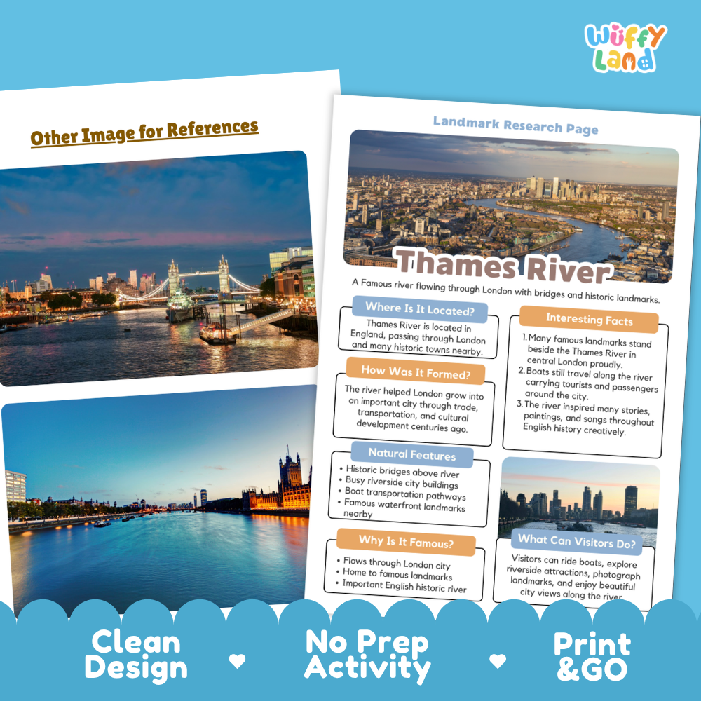 An educational travel poster about the Thames River in London, shown alongside a smaller reference photo of Big Ben. The poster features a clean layout with a city skyline at the top, informative text boxes below, and a blue footer with the phrases 'Clean Design', 'No Prep Activity', and 'Print & GO'.