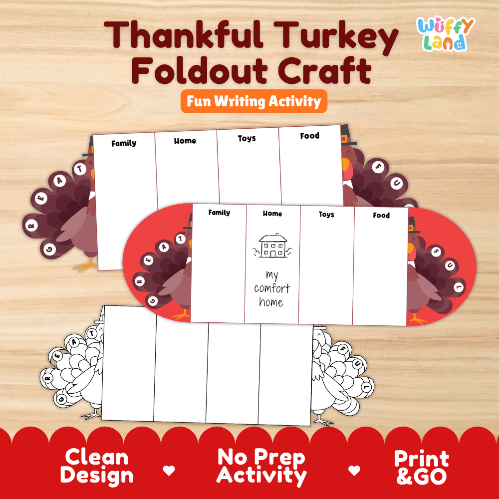 Thankful turkey foldout craft cover showing printable accordion writing templates and gratitude panels