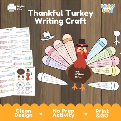 Thankful turkey writing craft cover showing printable turkey assembly pieces and gratitude feather tracing worksheets