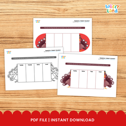 Printable foldout sheet showing structured panels labeled for family, home, toys, and food