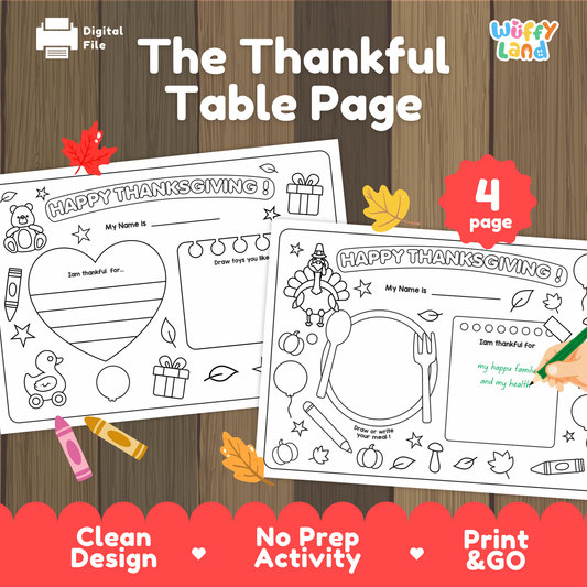 Printable Thanksgiving activity sheets for children featuring “Happy Thanksgiving” prompts, a name section, thankfulness writing spaces, drawing areas, and themed illustrations like a turkey, balloons, gifts, leaves, and table setting elements. Includes 4 kid-friendly pages designed for gratitude and creativity
