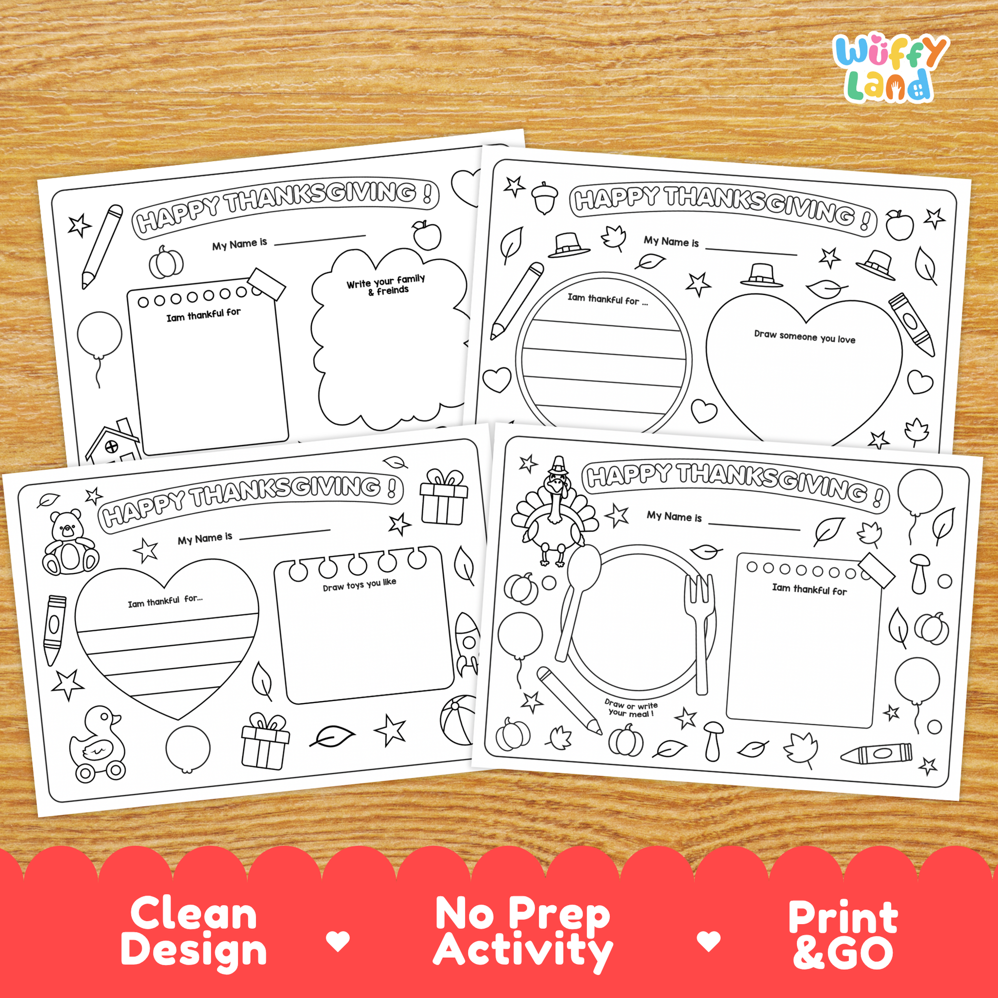 Printable Thanksgiving activity sheets for children featuring “Happy Thanksgiving” prompts, a name section, thankfulness writing spaces, drawing areas, and themed illustrations like a turkey, balloons, gifts, leaves, and table setting elements. Includes 4 kid-friendly pages designed for gratitude and creativity