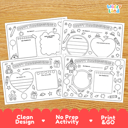 Printable Thanksgiving activity sheets for children featuring “Happy Thanksgiving” prompts, a name section, thankfulness writing spaces, drawing areas, and themed illustrations like a turkey, balloons, gifts, leaves, and table setting elements. Includes 4 kid-friendly pages designed for gratitude and creativity
