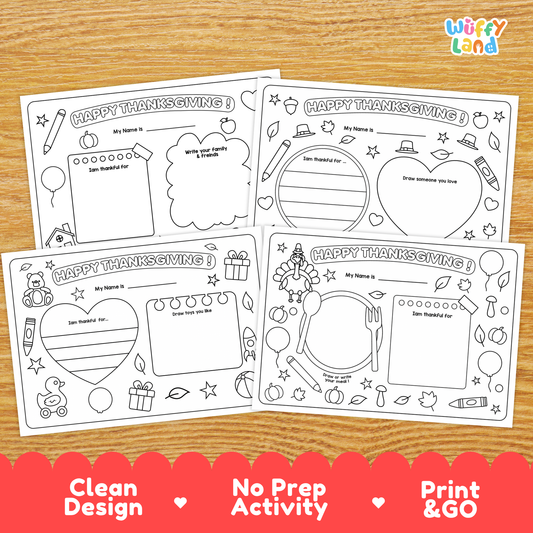 Printable Thanksgiving activity sheets for children featuring “Happy Thanksgiving” prompts, a name section, thankfulness writing spaces, drawing areas, and themed illustrations like a turkey, balloons, gifts, leaves, and table setting elements. Includes 4 kid-friendly pages designed for gratitude and creativity