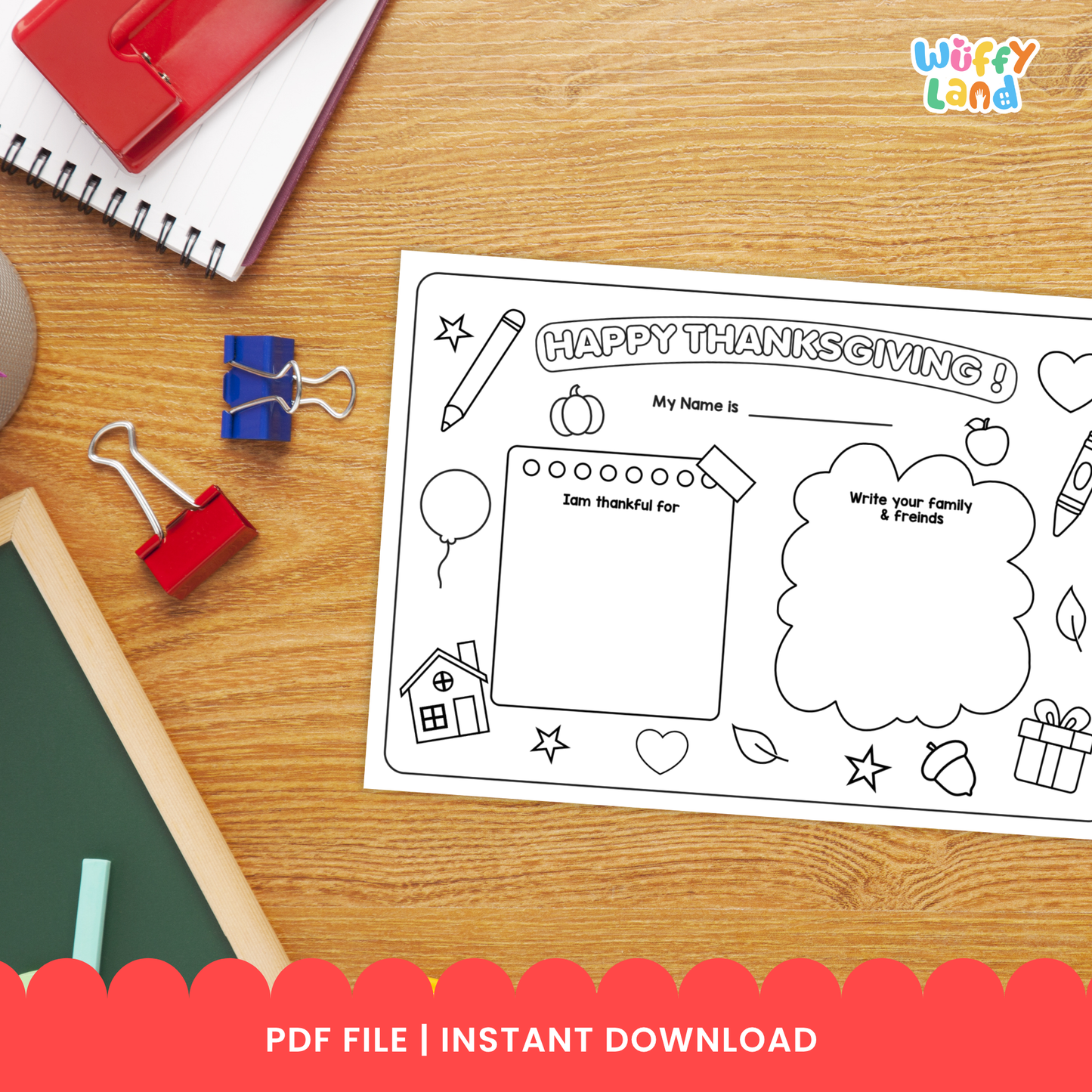 Printable Thanksgiving activity sheets for children featuring “Happy Thanksgiving” prompts, a name section, thankfulness writing spaces, drawing areas, and themed illustrations like a turkey, balloons, gifts, leaves, and table setting elements. Includes 4 kid-friendly pages designed for gratitude and creativity
