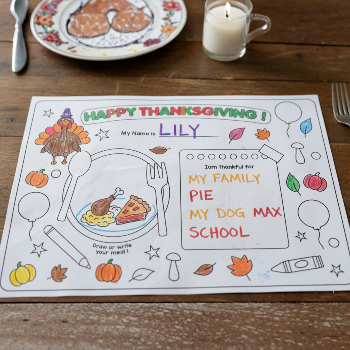 Printable Thanksgiving activity sheets for children featuring “Happy Thanksgiving” prompts, a name section, thankfulness writing spaces, drawing areas, and themed illustrations like a turkey, balloons, gifts, leaves, and table setting elements. Includes 4 kid-friendly pages designed for gratitude and creativity