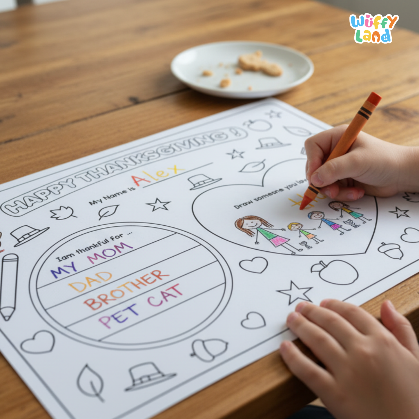 Printable Thanksgiving activity sheets for children featuring “Happy Thanksgiving” prompts, a name section, thankfulness writing spaces, drawing areas, and themed illustrations like a turkey, balloons, gifts, leaves, and table setting elements. Includes 4 kid-friendly pages designed for gratitude and creativity
