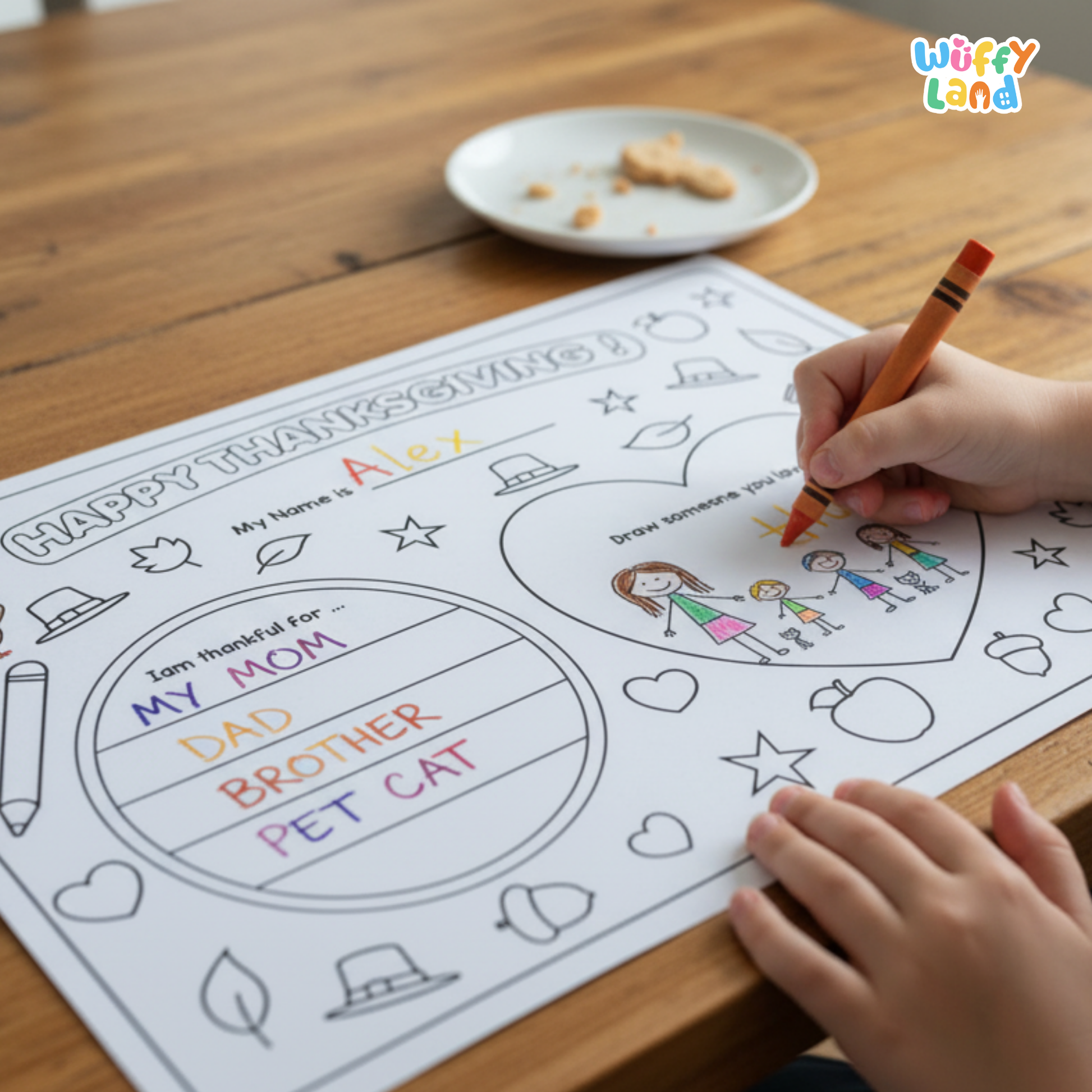 Printable Thanksgiving activity sheets for children featuring “Happy Thanksgiving” prompts, a name section, thankfulness writing spaces, drawing areas, and themed illustrations like a turkey, balloons, gifts, leaves, and table setting elements. Includes 4 kid-friendly pages designed for gratitude and creativity