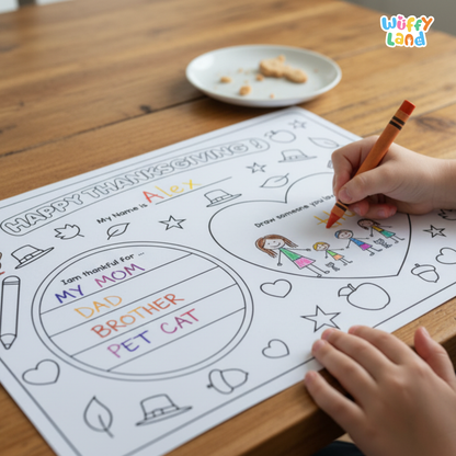 Printable Thanksgiving activity sheets for children featuring “Happy Thanksgiving” prompts, a name section, thankfulness writing spaces, drawing areas, and themed illustrations like a turkey, balloons, gifts, leaves, and table setting elements. Includes 4 kid-friendly pages designed for gratitude and creativity