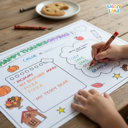 Printable Thanksgiving activity sheets for children featuring “Happy Thanksgiving” prompts, a name section, thankfulness writing spaces, drawing areas, and themed illustrations like a turkey, balloons, gifts, leaves, and table setting elements. Includes 4 kid-friendly pages designed for gratitude and creativity