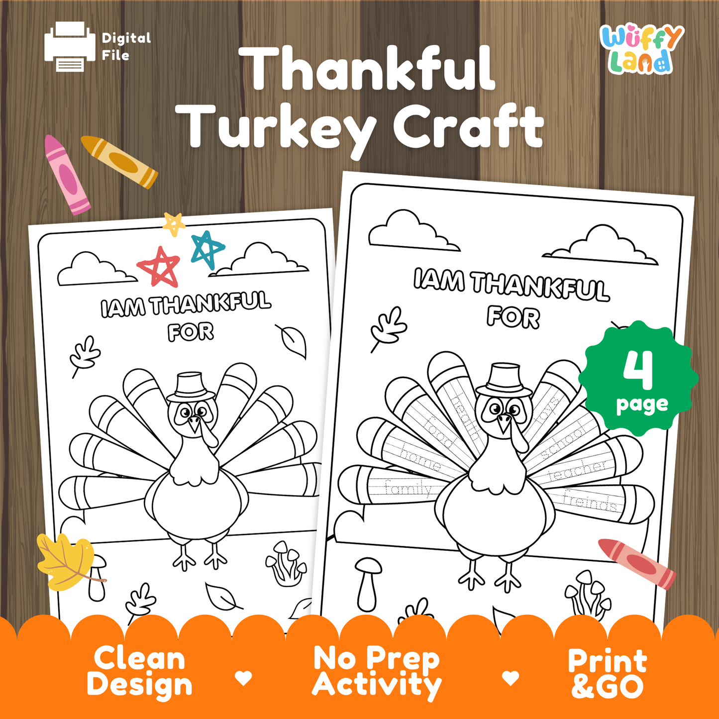 Black-and-white printable pages featuring a turkey craft activity titled “I Am Thankful For,” showing two turkey coloring sheets with sections for children to write what they are thankful for