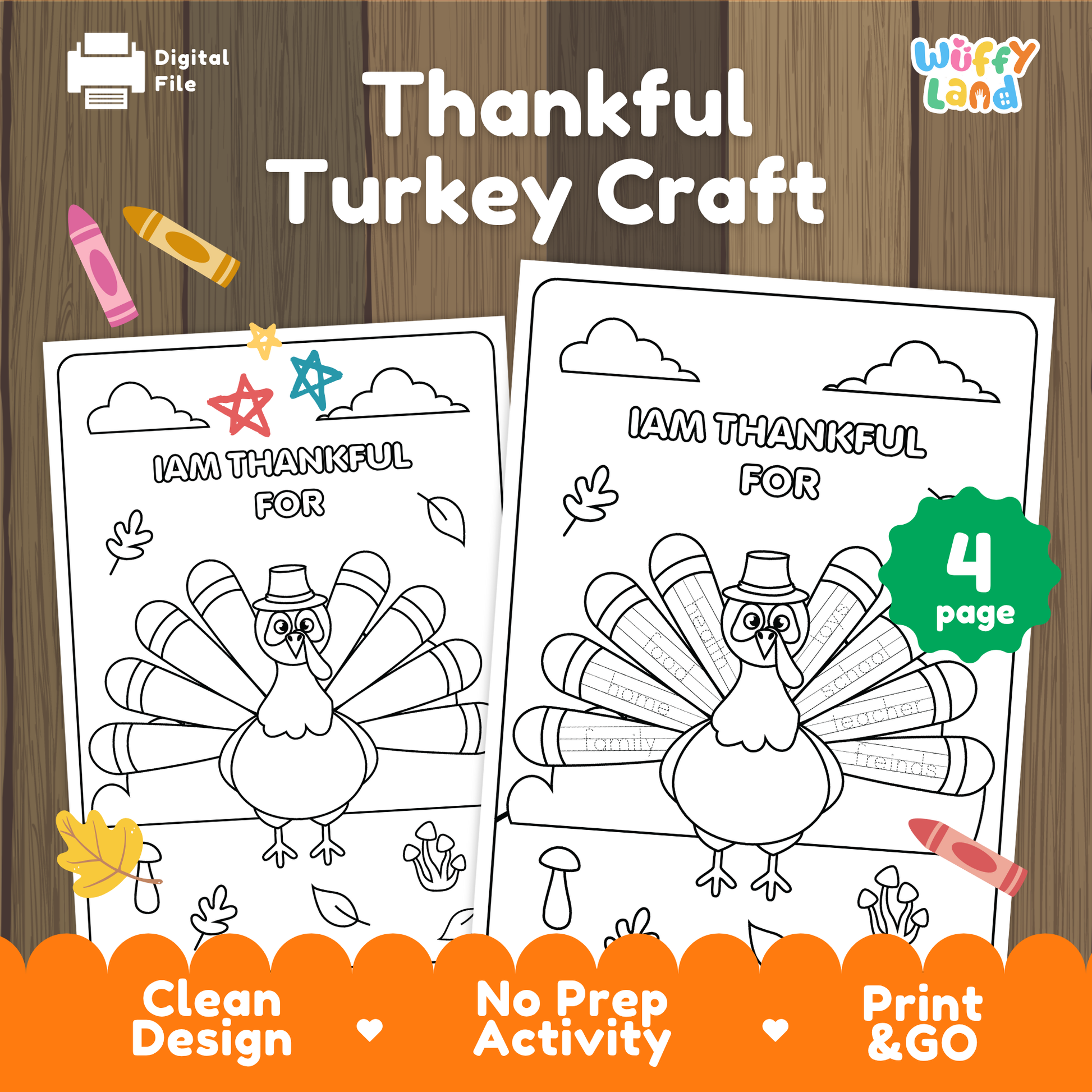 Black-and-white printable pages featuring a turkey craft activity titled “I Am Thankful For,” showing two turkey coloring sheets with sections for children to write what they are thankful for