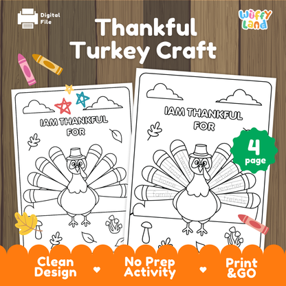 Black-and-white printable pages featuring a turkey craft activity titled “I Am Thankful For,” showing two turkey coloring sheets with sections for children to write what they are thankful for