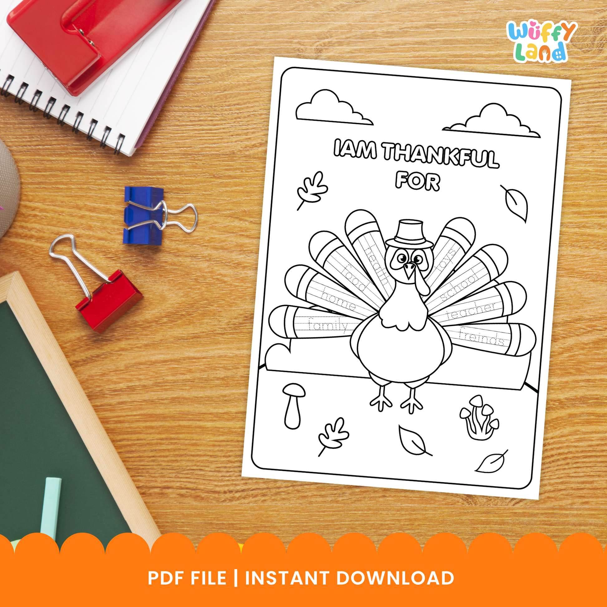 Black-and-white printable pages featuring a turkey craft activity titled “I Am Thankful For,” showing two turkey coloring sheets with sections for children to write what they are thankful for.