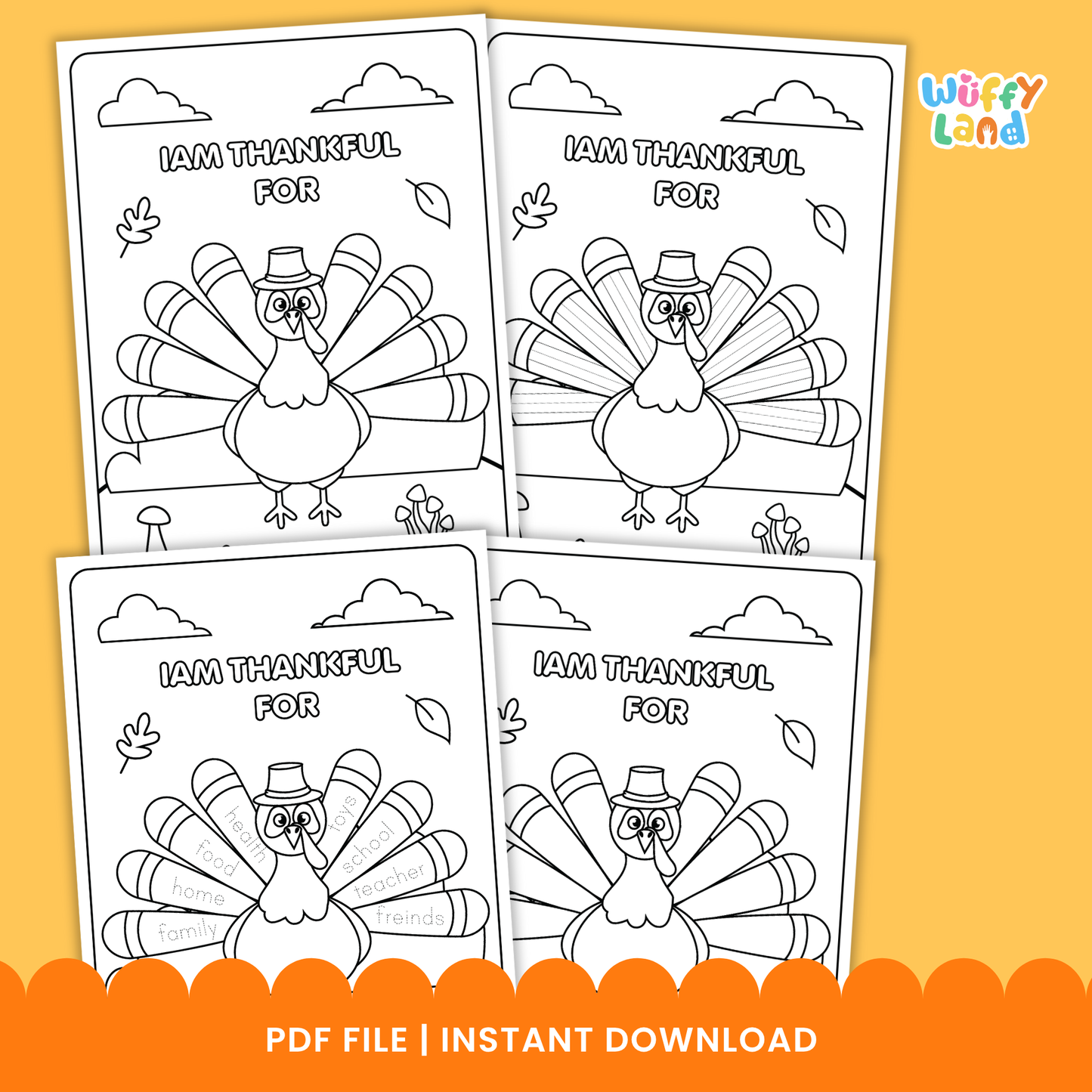 Black-and-white printable pages featuring a turkey craft activity titled “I Am Thankful For,” showing two turkey coloring sheets with sections for children to write what they are thankful for.
