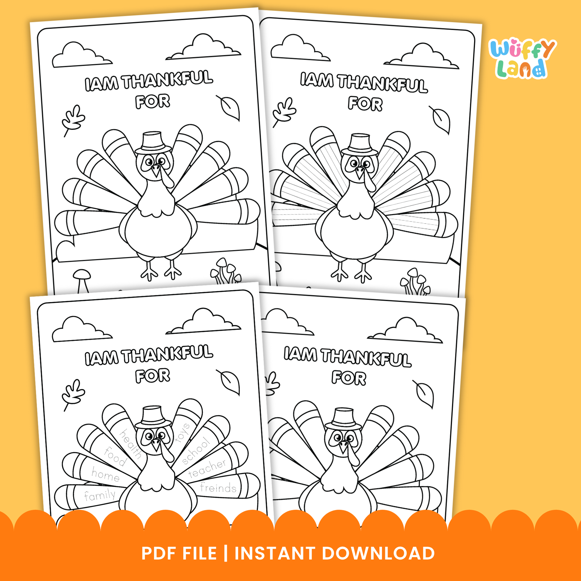 Black-and-white printable pages featuring a turkey craft activity titled “I Am Thankful For,” showing two turkey coloring sheets with sections for children to write what they are thankful for.