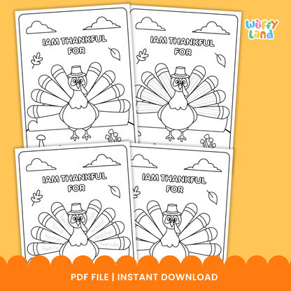 Black-and-white printable pages featuring a turkey craft activity titled “I Am Thankful For,” showing two turkey coloring sheets with sections for children to write what they are thankful for.