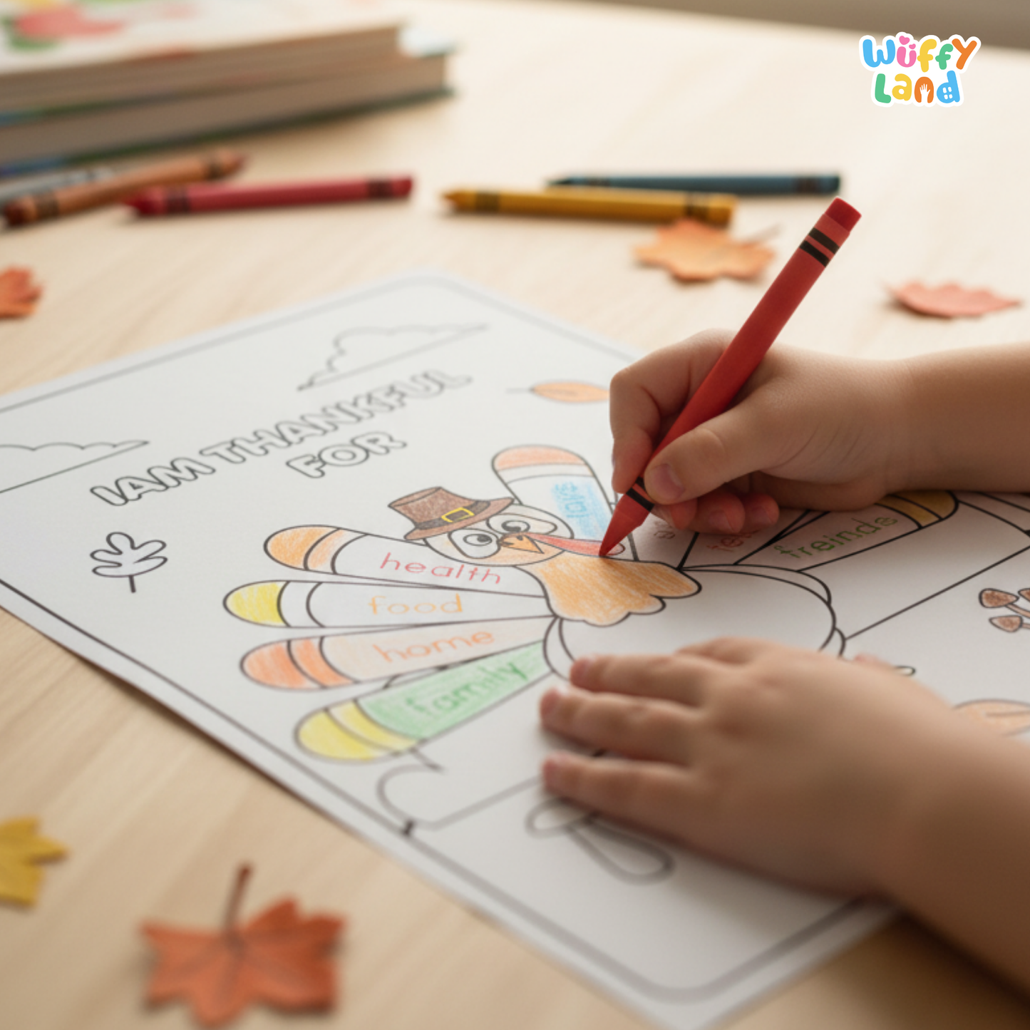 Black-and-white printable pages featuring a turkey craft activity titled “I Am Thankful For,” showing two turkey coloring sheets with sections for children to write what they are thankful for