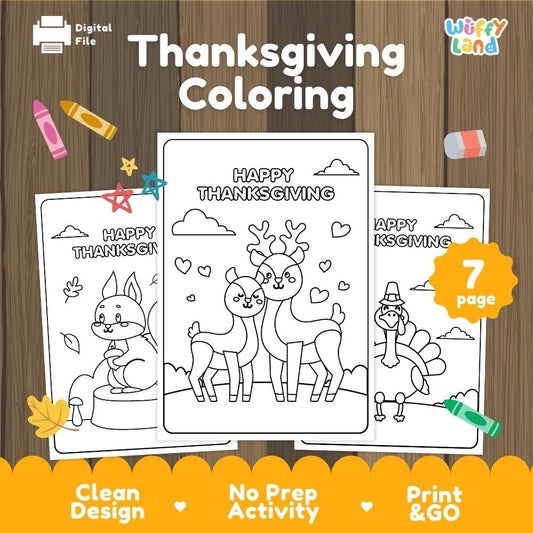 Printable Thanksgiving coloring pages for kids featuring cute woodland animals, a turkey, and Happy Thanksgiving illustrations.