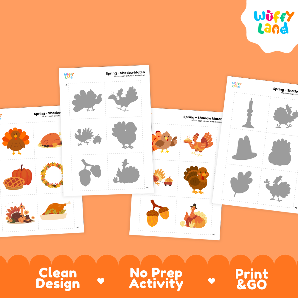 Full color Thanksgiving object cards featuring turkeys, roasted holiday meal, pumpkins with pie, and autumn wreaths