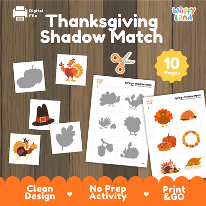 Thanksgiving shadow match activity cover showing 10-page printable pack with turkey, pilgrim hat, leaf, and shadow matching worksheets