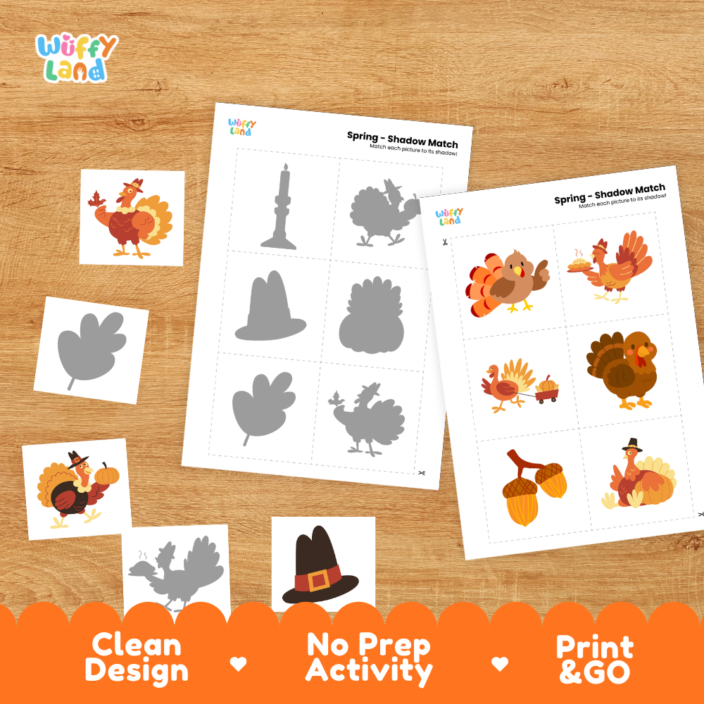 Printable shadow matching grid sheet showing silhouettes of turkeys, wagons, acorns, and pilgrim hats