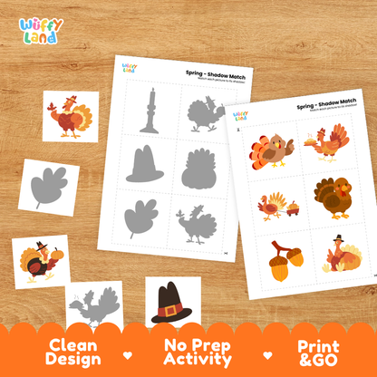 Printable shadow matching grid sheet showing silhouettes of turkeys, wagons, acorns, and pilgrim hats