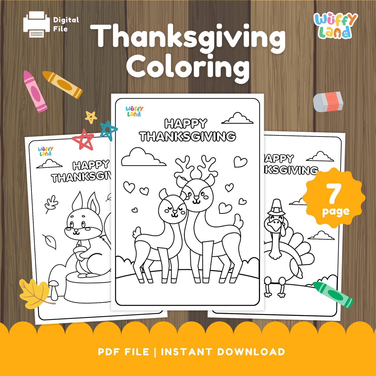 A set of printable Thanksgiving-themed coloring pages featuring cute animals, including deer, a squirrel holding an acorn, and a turkey wearing a pilgrim hat, along with clouds, leaves, and hearts