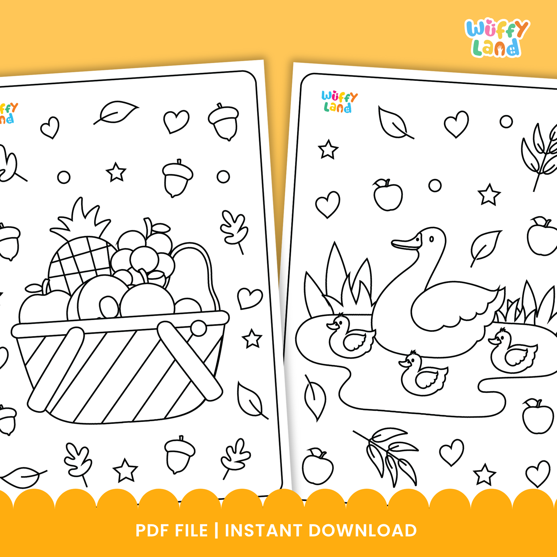 A set of printable Thanksgiving-themed coloring pages featuring cute animals, including deer, a squirrel holding an acorn, and a turkey wearing a pilgrim hat, along with clouds, leaves, and hearts