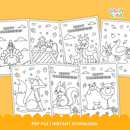A set of printable Thanksgiving-themed coloring pages featuring cute animals, including deer, a squirrel holding an acorn, and a turkey wearing a pilgrim hat, along with clouds, leaves, and hearts