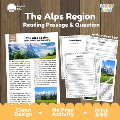 The Alps Region reading comprehension passage and questions printable activity pack with answer key for elementary students
