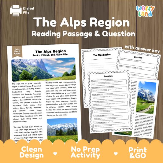 The Alps Region reading comprehension passage and questions printable activity pack with answer key for elementary students