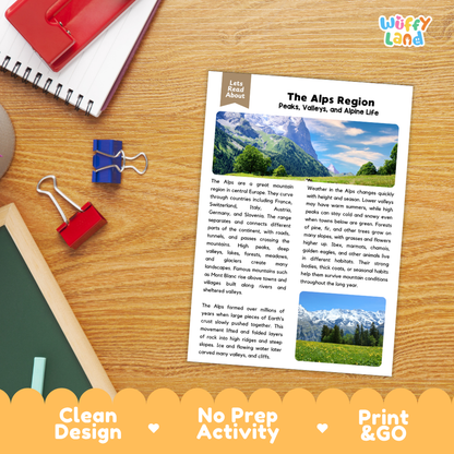 Student reading comprehension worksheet with short-answer questions and lined sections about the Alps mountain region