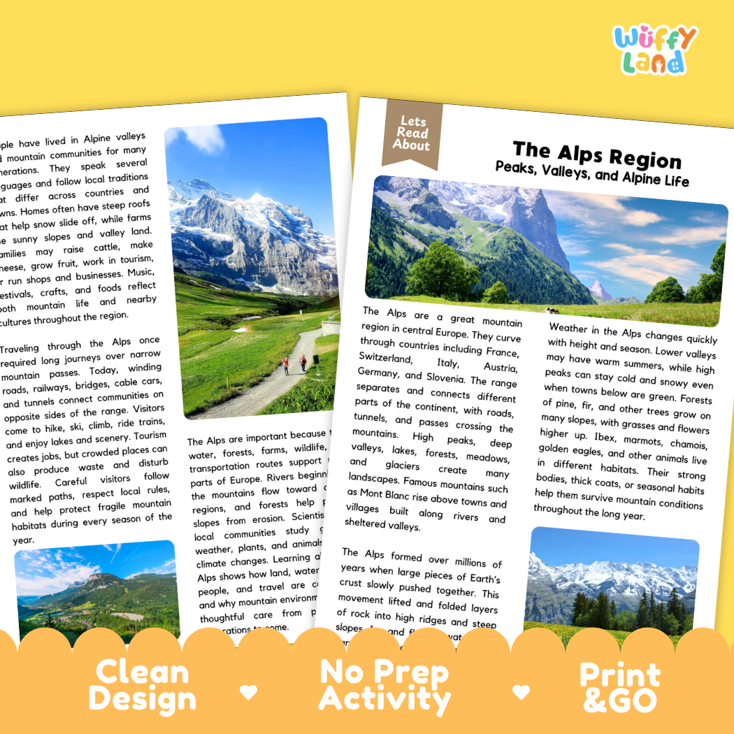 Teacher answer key page showing complete question solutions for The Alps Region European geography and Earth science reading comprehension practice