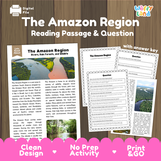 The Amazon Region reading comprehension passage and questions printable activity pack with answer key for elementary students