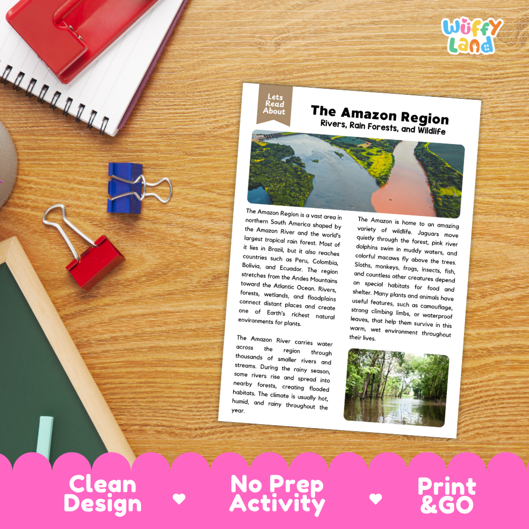 Student reading comprehension worksheet with short-answer questions and lined sections about the Amazon region