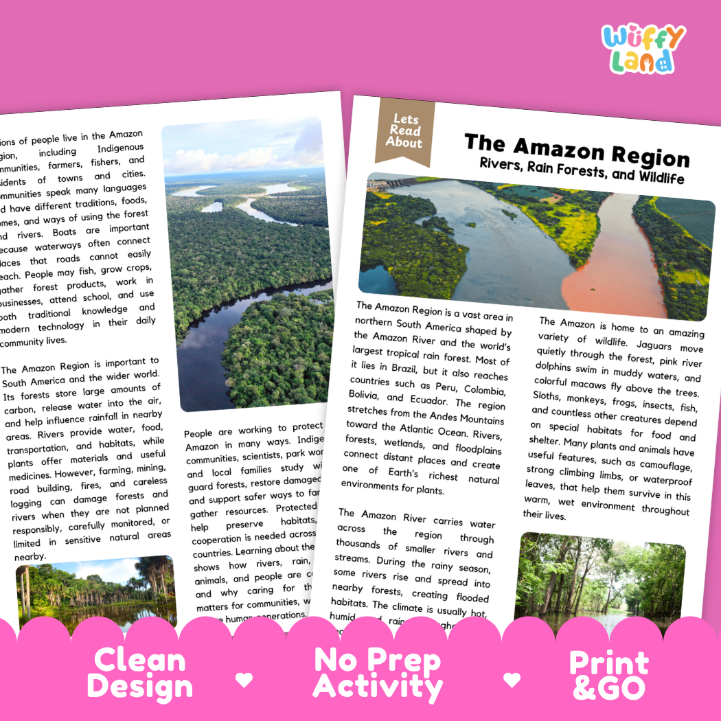 Teacher answer key page showing complete question solutions for The Amazon Region geography and rainforest science reading comprehension practice