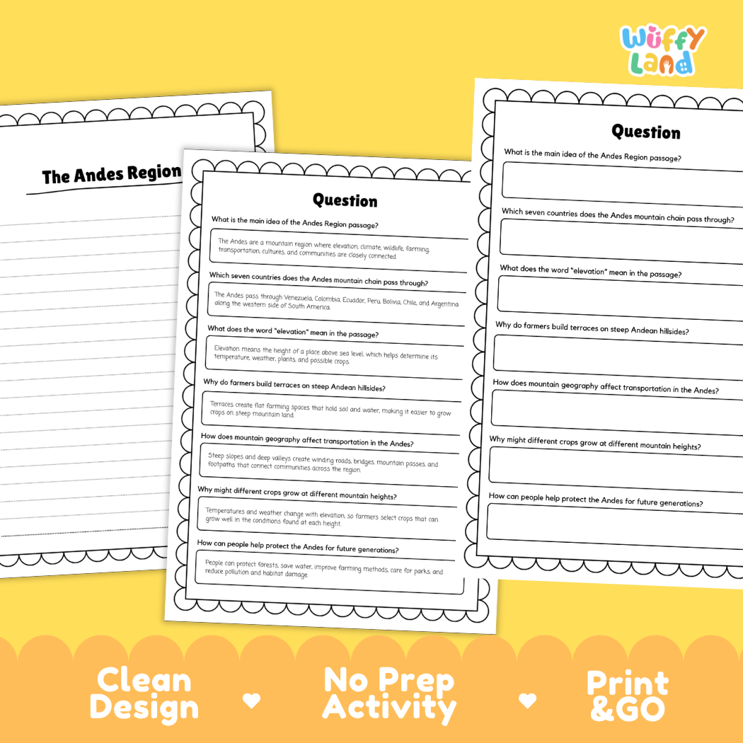 Informational reading passage page detailing the Andes mountains elevation climate wildlife terrace farming and conservation with photos