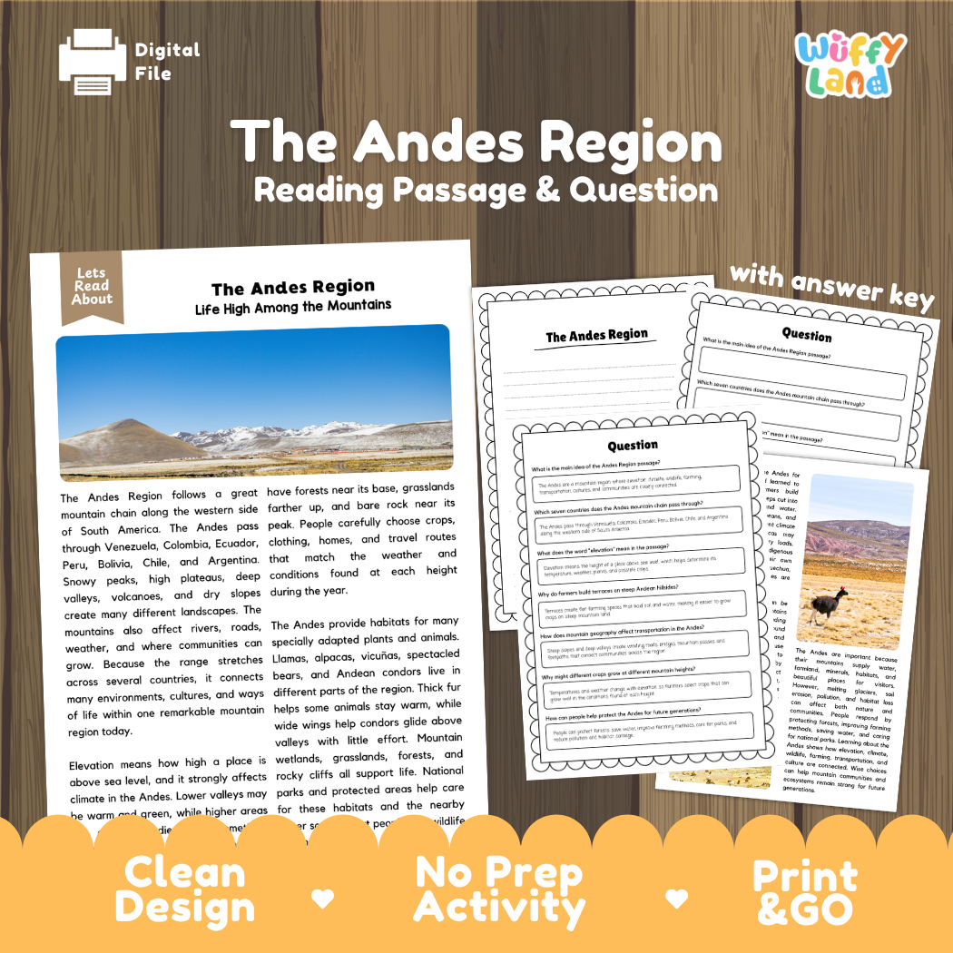 The Andes Region reading comprehension passage and questions printable activity pack with answer key for elementary students