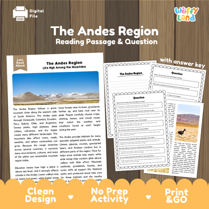 The Andes Region reading comprehension passage and questions printable activity pack with answer key for elementary students