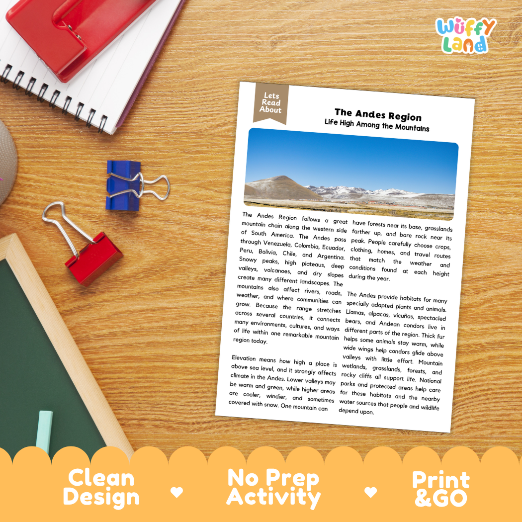 Student reading comprehension worksheet with short-answer questions and lined sections about the Andes region