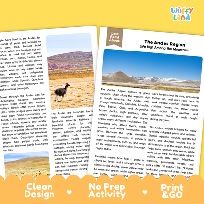 Teacher answer key page showing complete question solutions for The Andes Region South America geography reading comprehension practice