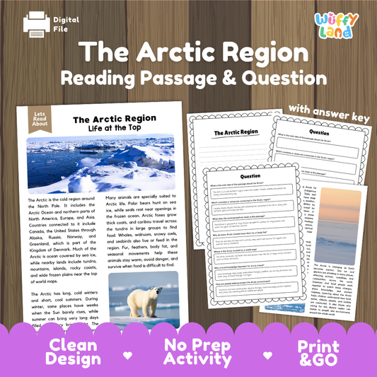 The Arctic Region reading comprehension passage and questions printable activity pack with answer key for elementary students